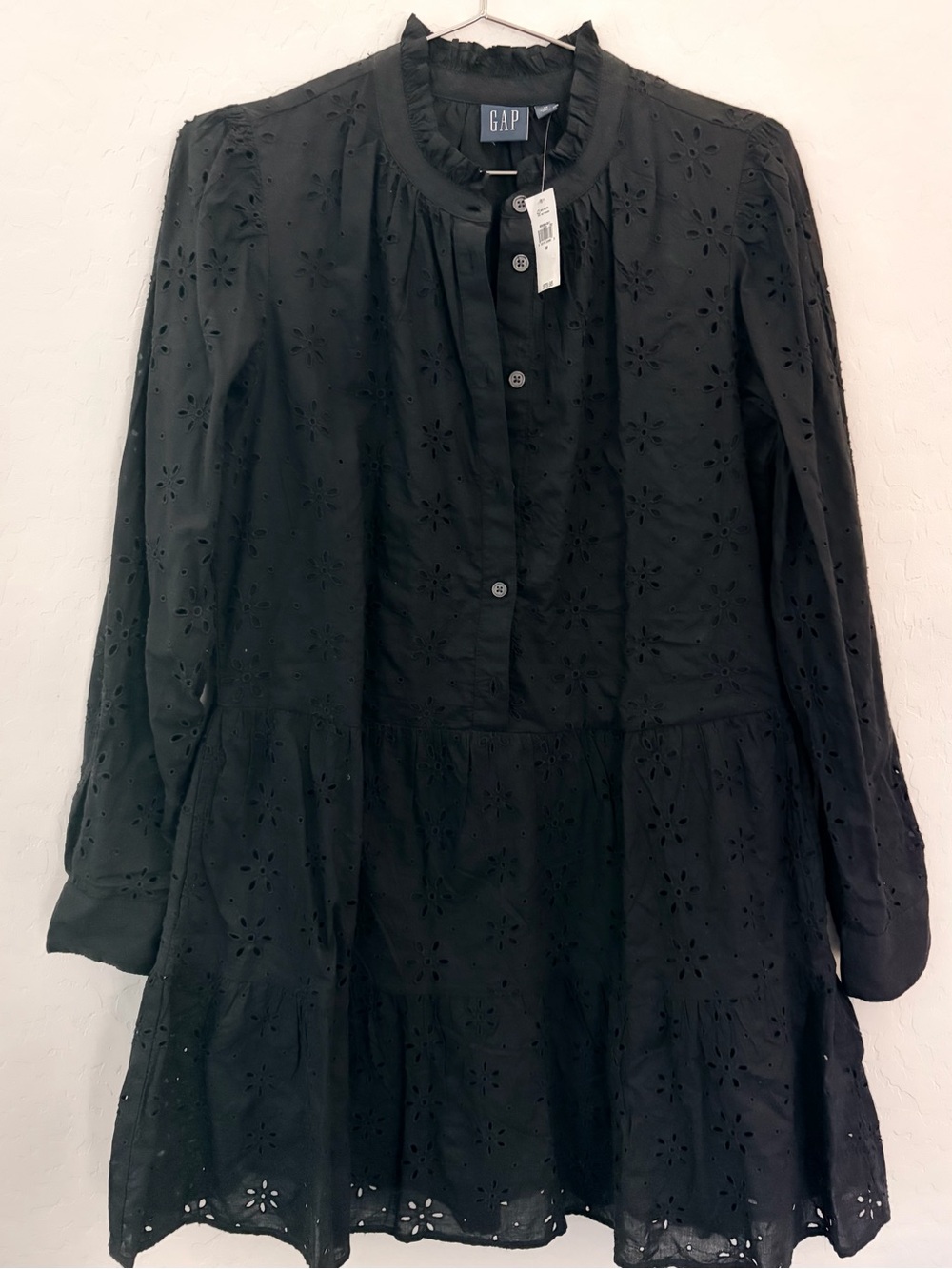 GAP Black Eyelet Tiered Long-Sleeve Dress